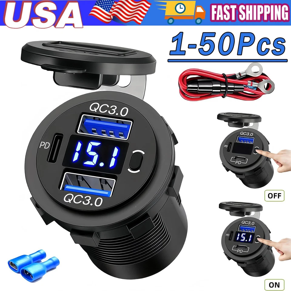 LOTE Voltímetro LED Cargador Rápido Coche 12V-24V PD+QC3.0 Doble USB Toma de corriente Foto 1 de 4