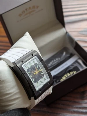 Rotary 1895 AUTOmatic Nuevo OldStock Reloj Esqueleto Estuche Negro Banda Blanca Foto 1 de 4