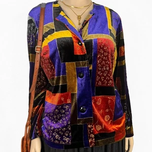 VINT Susan Graver Patchwork Terciopelo Camisa Chaqueta Tono Joya Boho Capricho Grande - Imagen 1 de 8