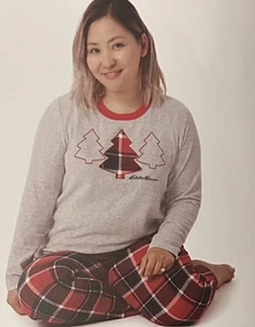 NWT Eddie Bauer Women's Size Medium Gray/Red Plaid Christmas Tree 2-Piece Pajama - Picture 1 of 10