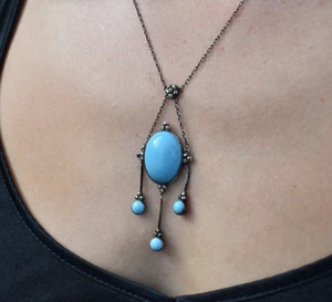 Art Deco 20er Jahre Sterling Silber & Markasit Türkis Glas Hänger Halskette - Bild 1 von 6