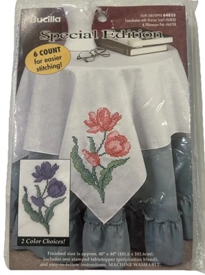 Vtg Bucilla Stamped Cross Stitch Tulips Tabletopper 40"x40” USA Tablecloth NWT - Image 1 of 4
