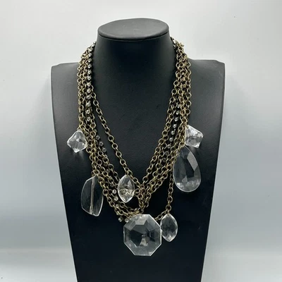 Statement Necklace Brass Tone Multi Strand Clear Faceted Beads Chunky 22in - Image 1 of 4