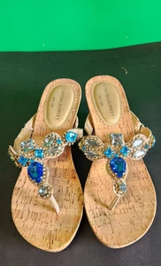 CYNTHIA ROWLEY Sandal Womens Sz 6 Embellished Jewel Stones Mule Low Wedge Brown - Picture 1 of 8