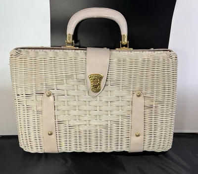 Vintage 60s Wicker Basket Purse Handbag Plastic Large Bone Gold Tone Hong Kong - Image 1 of 4