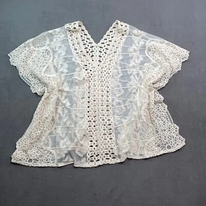 Belle France Top Women L White Crochet Boho Lace Mesh Cottage Poncho Cardigan - Picture 1 of 14