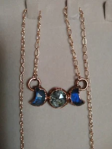 Copper Electroformed Faceted Crescent Moon Labradorite Herkimer Diamond Necklace - Picture 1 of 14