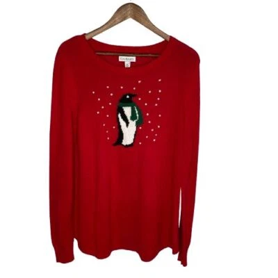 Kim Rogers Womens Penguin Pullover Sweater Size XL Red Holiday Festive Crew Neck - Image 1 of 4