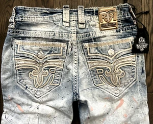 Mens Rock Revival Splattered Destroyed "BALDMEN" Faux Flap Straight Jeans 30x28 - Picture 1 of 20