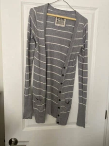 Vintage Ruehl No. 925 Women's Cardigan Sweater Grey & White Stripe Size M Preown - Picture 1 of 4