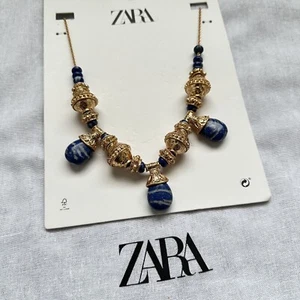 New Zara Blue Stone Gold Tribal Boho Beaded Necklace 1856/064 - Picture 1 of 7