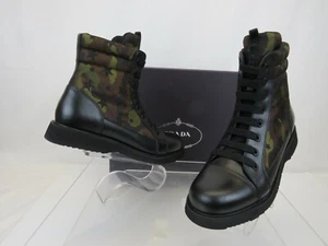 NIB PRADA 0T0782 CAMOUFLAGE GREEN LEATHER CAP TOE LACE UP COMBAT BOOTS 36 US 6 - Picture 1 of 12