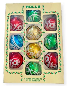 HOLLY 1960s Old Fashioned Glass Christmas Tree Ornaments #214/10 2.25" Orig. Box - Picture 1 of 6