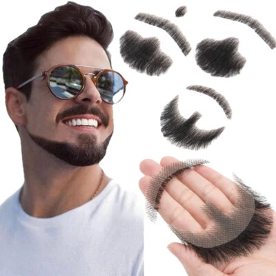 100% Human Hair Fake Beard Hand Tied Lace Base Facial Hair False Mustache Beard - Image 1 of 4