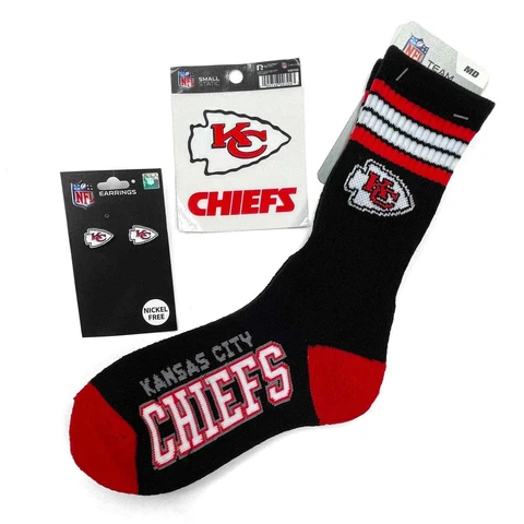 KC Chiefs Fan Gear Bundle Black Socks Sz M Arrowhead Logo Earrings Static Cling Cover