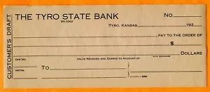 Tyro, KS, 1920s Tyro State Bank Customer's Draft Unissued - Picture 1 of 2