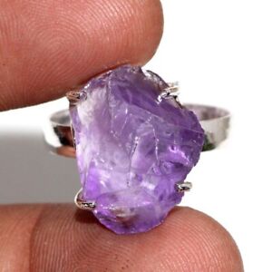 925 Silver Plated-Amethys Rough Ethnic Raw Crystal Ring Jewelry US Size-10 MJ
