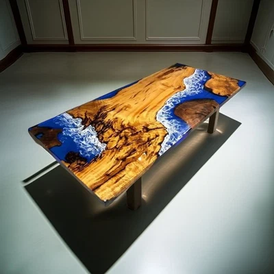 Mesa de río de resina personalizada | Mesa epoxi océano madera borde vivo, mesa epoxi Foto 1 de 4