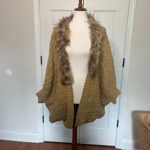 Freeway Women Boho Open Faux Fur Trim Cardigan Dolman Sleeve Caramel Brown Sz M - Picture 1 of 9