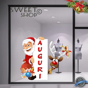 DECORAZIONE VETRINA BABBO NATALE E RENNA CON SCRITTA AUGURI NEGOZIO ADESIVI - Picture 1 of 1