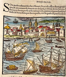 SYRACUSE ITALY 1558 COSMOGRAPHY OF MUNSTER ANTIQUE VIEW ITALIAN EDITION - Picture 1 of 3