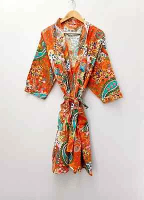 Bata de algodón con estampado de cachemira naranja indio kimono largo ropa para dormir batas kimono de noche Foto 1 de 4