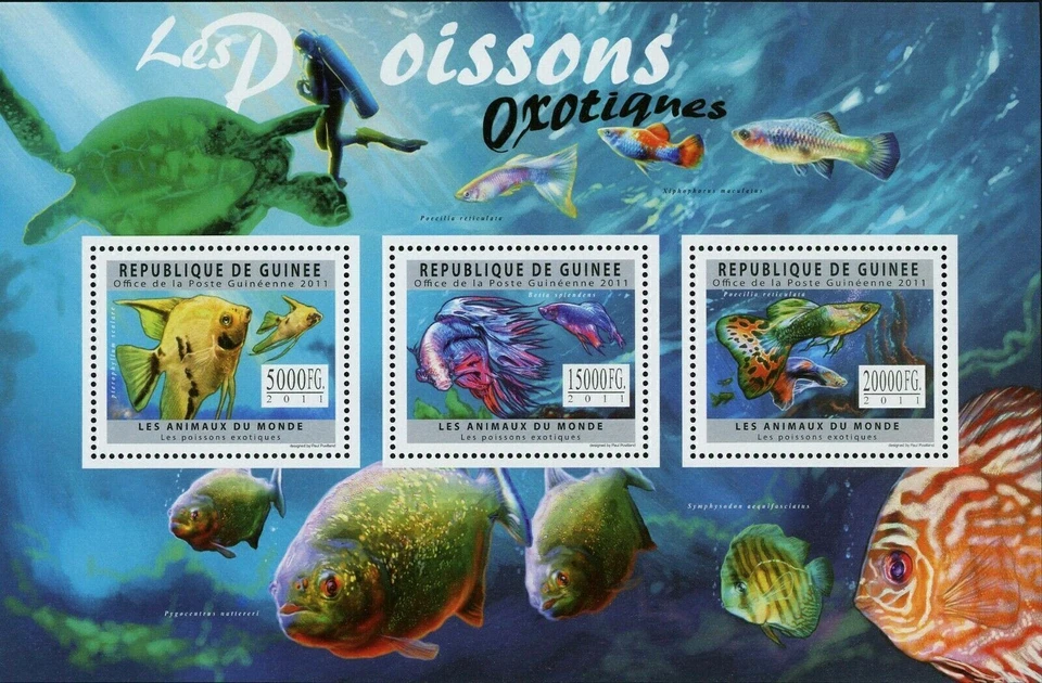 Exotic Fish Stamp Pterophyllum Scalare Poecilia Reticulata Pygocentrus Nattereri - Image 1 of 4