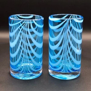 Hand Blown Set of 2 Heavy Weight Blue Feathering Swirl Drinking Glasses - Picture 1 of 9