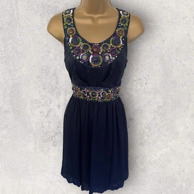Matthew Williamson Butterfly Womens Navy Chiffon Satin Embellished Dress UK 10 - Image 1 of 4