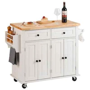 Kitchen Island Cart with Solid Natural Wood Top 35.4 Width Mobile Carts with Sto - Picture 1 of 7