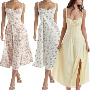 Floral Midi Corset Dress Boho Flowy Slit Lace Up Dresses A Line Casual Sundress - Picture 1 of 16