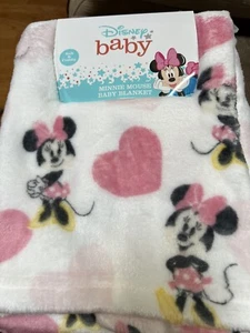 DISNEY BABY MINNIE MOUSE WHITE BLANKET FLEECE PINK WHITE HEARTS FULL POSES - Picture 1 of 2