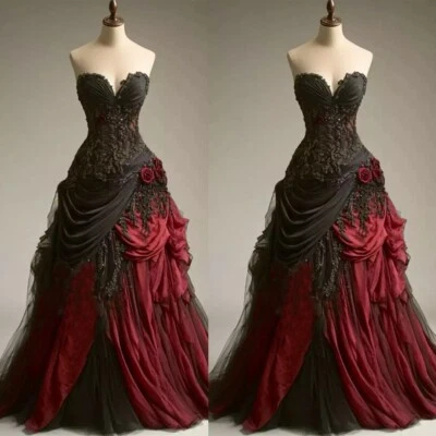 Gothic Black and Red Wedding Dresses Strapless Ruffled 3D Flowers Bridal Gowns - Image 1 of 4