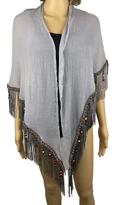 Beaded and Fringed Triangle Shawl/Wrap, Gray - Image 1 of 4