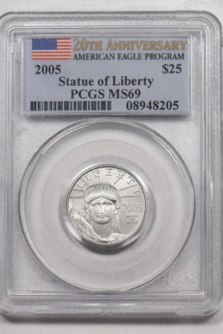 2005 Platinum 20th Ann. $25 1/4oz Eagle Statue of Liberty PCGS MS69 PC1556 Cover