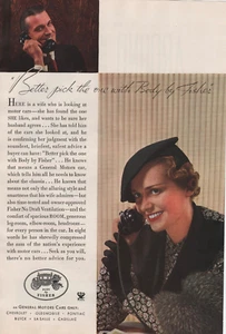 1934 Vintage Print Ad Body By Fisher GM Full Page Color Husband Wife Telephone - Picture 1 of 1