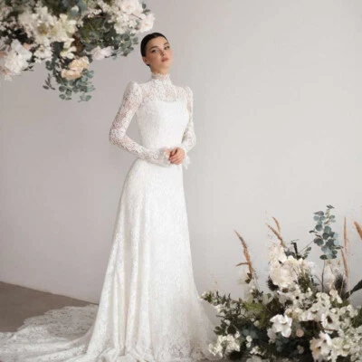 Long Sleeves Full Lace A Line Wedding Dresses Arabic Sweep Train Bridal Gowns* - Image 1 of 4