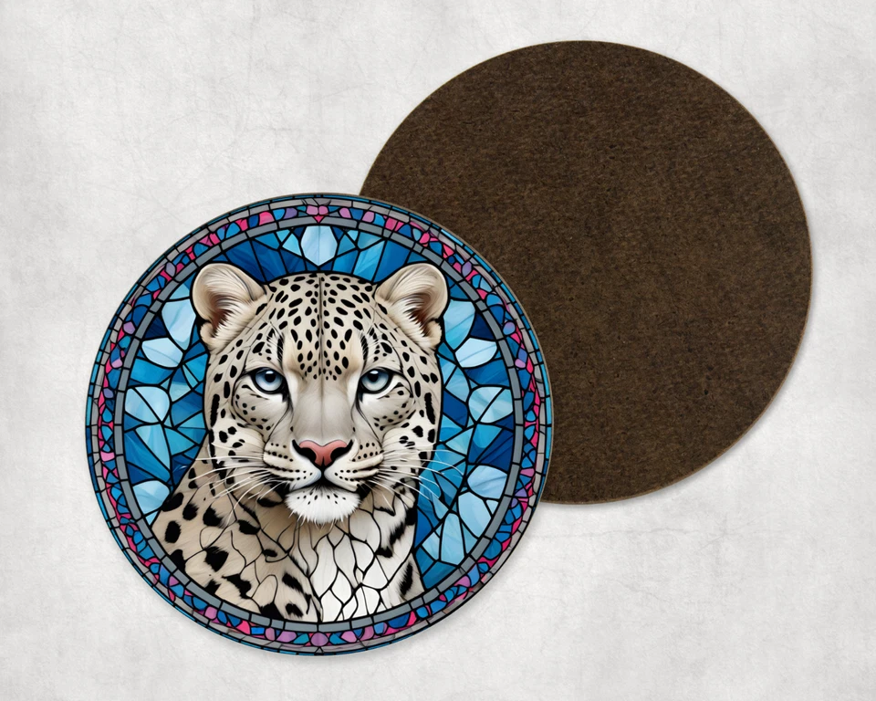 Cute Snow Leopard Animal Stained Glass Round Coaster Tea Coffee Present Gift