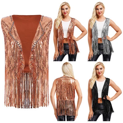 Women Waistcoat Cowgirl Vest Lapel Shrug Halloween Coat Sequin Top Clubwear - Image 1 of 3