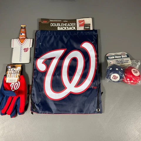 Washington Nationals MLB Ultimate Fan Gift Lot Bag, Gloves, Dice, Bottle Jersey Cover