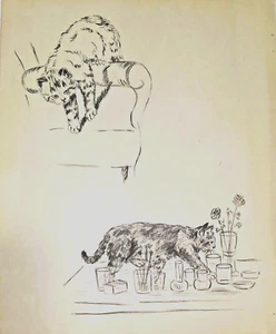 Gladys Emerson Cook Black & white Study of 2 Cats Exploring, Lithograph, 1930's - Imagen 1 de 3