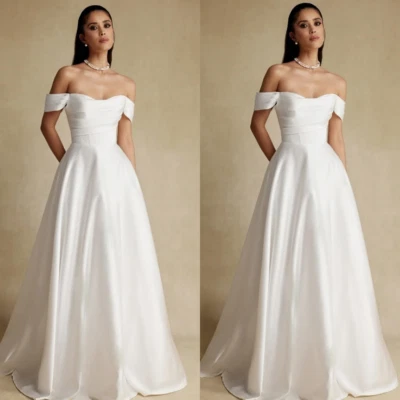 Satin Brautkleider Weiß Elfenbein Strand A Linie Sommer Elegant Braut Growns - Bild 1 von 4