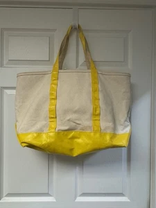 LL BEAN Boat Tote RARE Canvas & Vinyl Bag LG Zip Top Yellow & Ivory Vintage USA - Bild 1 von 7