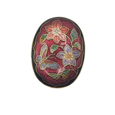 Cloisonné Red/Purple Floral Enamel Gold-Tone Oval Tie-Belt Clip Accessory - Image 1 of 4