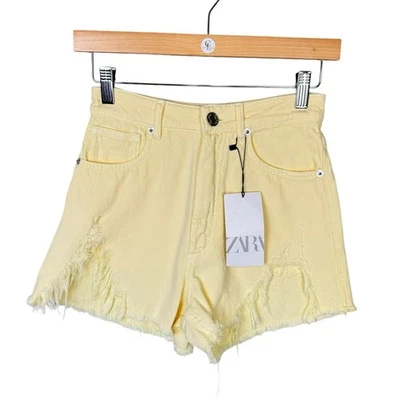 ZARA NUEVO CON ETIQUETAS 2 Pantalones Cortos Denim Amarillo Pastel Envejecido Tiro Alto 100% Algodón  Foto 1 de 4
