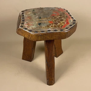 Antique Wooden Foot Stool Animal Pattern Furniture Footstool Leather Painted - Picture 1 of 17