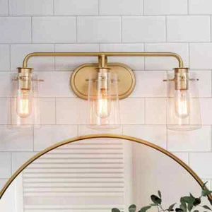 Uolfin Modern Gold Bathroom Vanity 22.5" 3-Light Brass Wall Sconce Seeded Glass - Picture 1 of 10