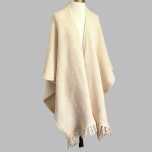 Vintage Ivory Knit Wool Blend Fringed Shawl Wrap - One Size - Picture 1 of 9