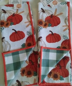 NWT 2 FALL HARVEST ORANGE PUMPKIN & SUNFLOWER REVERSIBLE KITCHEN TOWELS DECOR - Picture 1 of 6