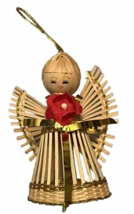 Vtg Christmas Ornament Wicker Angel Reed Natural Rattan  Woven Hair Flower - Picture 1 of 4